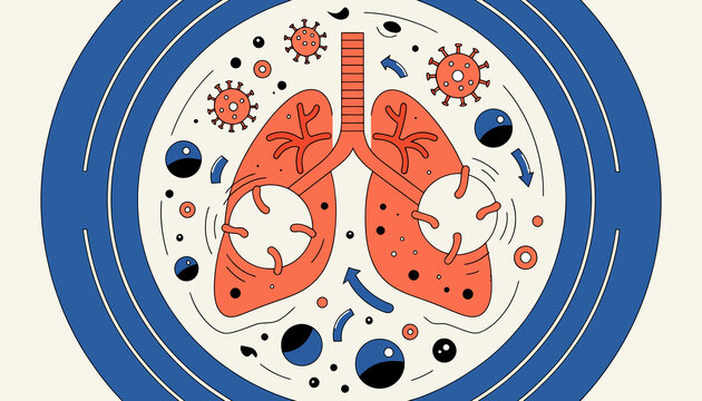 Abstract Illustration of Lungs and Viruses, Respiratory Health Concept, Viral Infection