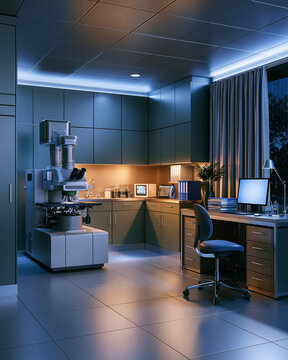 Premium cryo electron microscopy facility interior with advanced microscope and organized biotech workspace showcasing structural biology research