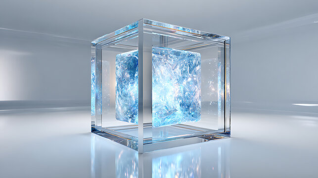 Futuristic transparent glass cube containing a glowing blue crystalline core, symbolizing artificial intelligence, cybersecurity, digital technology, data processing and advanced computing