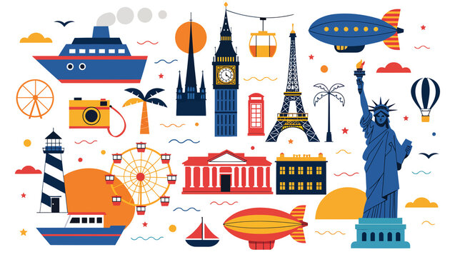 Travel Collage: Famous Landmarks, Transport & Icons. Explore the World and Create Memories.