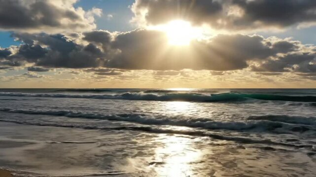 Golden Hour Serenity: The sun breaks through dramatic clouds, casting ethereal rays over the calm ocean and sandy shore, evoking a sense of peace and awe.