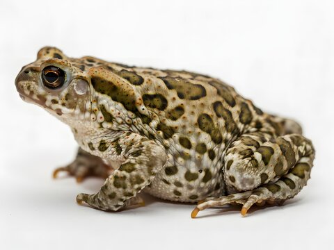 Close-up of green spotted toad sitting on white background for wildlife conservation concept