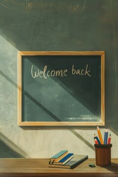 Chalkboard welcome back scene with wooden frame books pencils and sunlight for classroom poster background or study banner design
