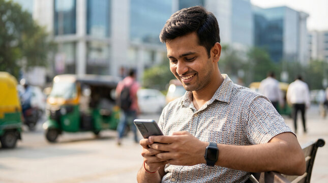 Happy young South Asian man browsing smartphone on busy urban city street with auto rickshaws in bright daylight