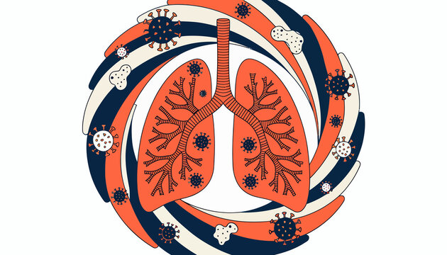 Abstract Illustration of Lungs Under Attack from Viruses and Bacteria, Medical Concept