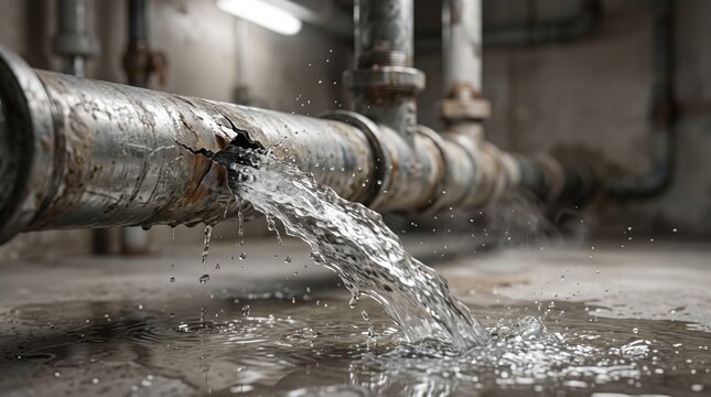 Damaged metal water pipe leaking in an industrial facility, showing a burst plumbing line, water damage, corrosion, maintenance, repair and infrastructure failure