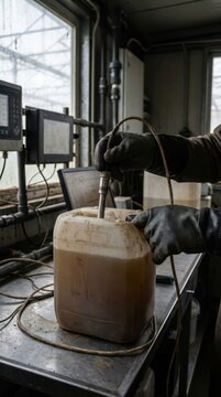 Gloved hands measuring brown nutrient solution with probe in jerrycan inside industrial greenhouse lab for maintenance poster