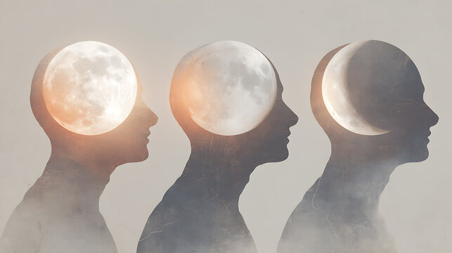 Mental health concept showing three human profiles with moon phases inside their heads, symbolizing changing emotions, inner states, self awareness, psychology, reflection and emotional balance