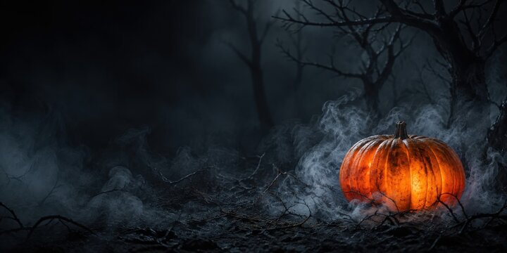 Halloween pumpkin glowing in a dark autumn forest with mist and copy space, spooky seasonal background, Halloween decoration and atmospheric fall banner