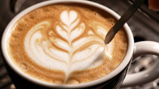 Professional barista drawing intricate tulip latte art pattern in a ceramic coffee cup with creamy espresso foam