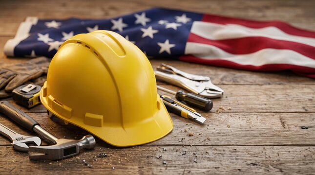 Yellow construction helmet and tools on a wooden table with an American flag, representing construction work, Labor Day, workers and USA industry