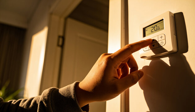 Person Hand Adjusting Digital Thermostat Temperature on Wall in Modern Home with Warm Golden Evening Sunlight