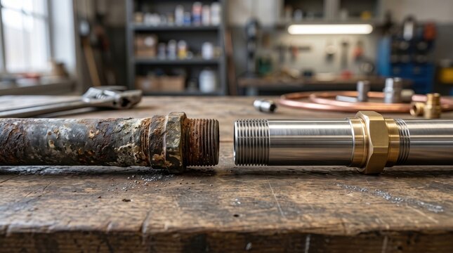 Old corroded pipe beside a new replacement fitting on a workshop table, illustrating plumbing repair, infrastructure maintenance, renovation, replacement and professional engineering work
