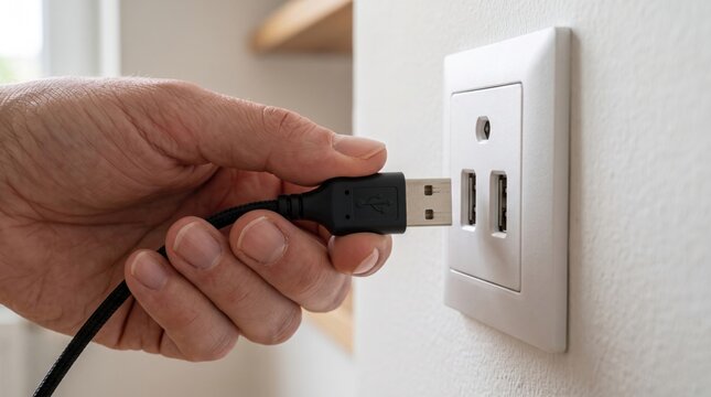 Hand connecting a USB cable to a wall outlet adapter, illustrating charging, electrical connectivity, technology, power supply, electronic devices and home equipment