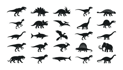 Prehistoric dinosaur silhouettes collection icon set featuring various extinct jurassic reptiles isolated on white background vector illustration © Ridoy
