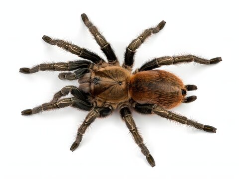Close-up macro view of a brown hairy tarantula spider isolated on white background