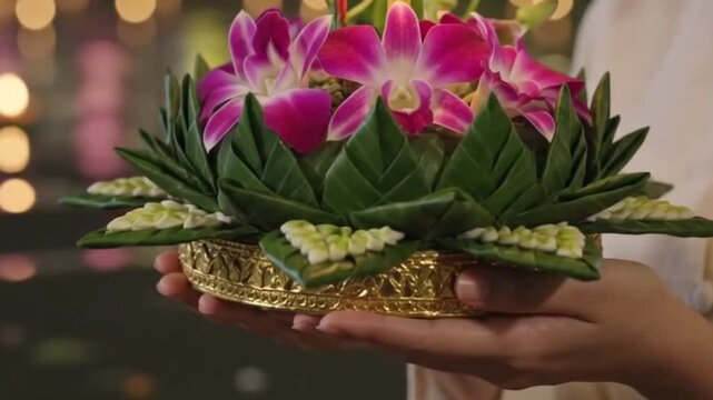 A smiling young thai woman holding a traditional krathong with flowers, candles, and incense sticks during the loy krathong festival at night
