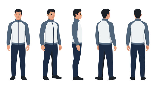 Man character model sheet vector in tracksuit showing front side back views for animation game design or fashion template