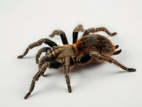 Close-up macro shot of a hairy brown tarantula spider isolated on white background