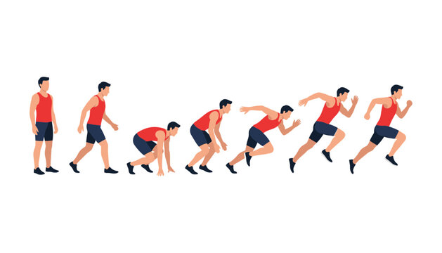 Runner athlete character animation sheet vector showing steps from standing start posture pose to fast sprinting running motion