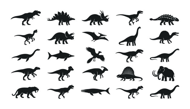 Prehistoric dinosaur silhouettes collection icon set featuring various extinct jurassic reptiles isolated on white background vector illustration