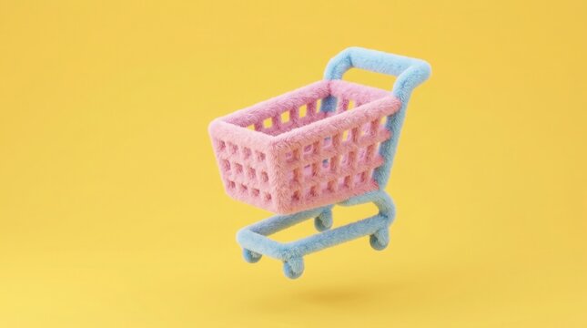 Miniature fuzzy shopping cart floating in midair. Pastel pink and blue trolley representing modern e commerce logistics on a bright yellow background.