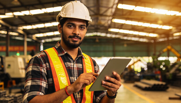 Smiling Indian factory worker wearing white hard hat and orange safety vest using digital tablet in sunny warehouse