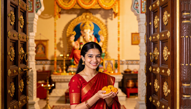 Smiling Indian woman wearing red saree holding marigold flowers inside traditional Hindu temple Ganesha shrine