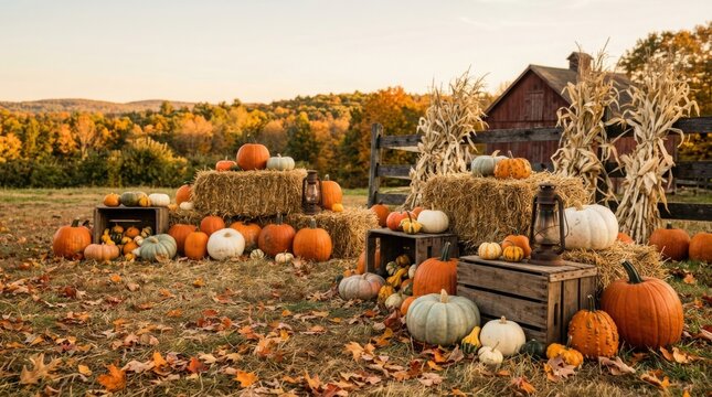 Halloween pumpkin patch with bright orange pumpkins and autumn