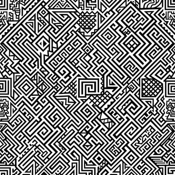 Abstract black and white pixel maze pattern design