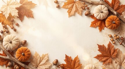Fototapeta premium Festive halloween background featuring a decorative border of autumn leaves and mini pumpkins with blank space for text