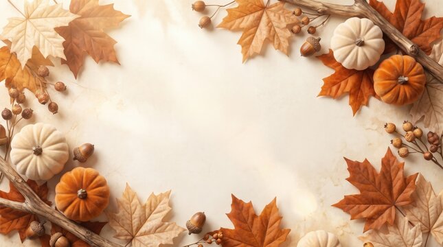 Festive halloween background featuring a decorative border of autumn leaves and mini pumpkins with blank space for text