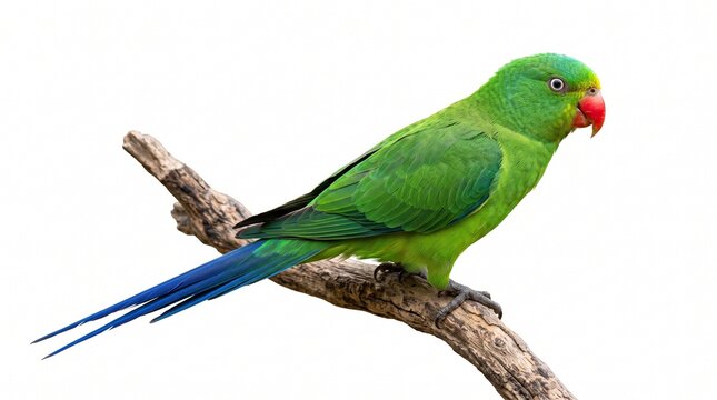 Exotic green tropical parakeet bird perched gracefully on a natural wooden branch isolated on a white background