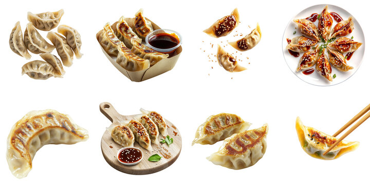 A set of gyoza dumplings, isolated on a transparent background PNG