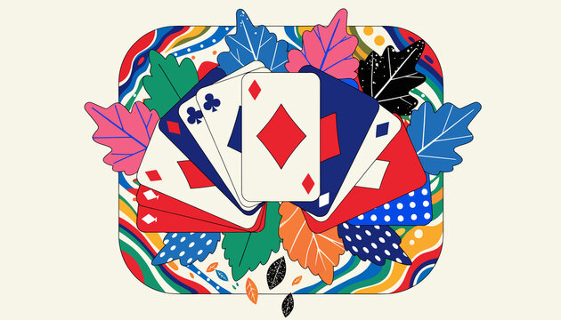 Creative Collage of Playing Cards and Autumn Leaves in Vibrant Colors
