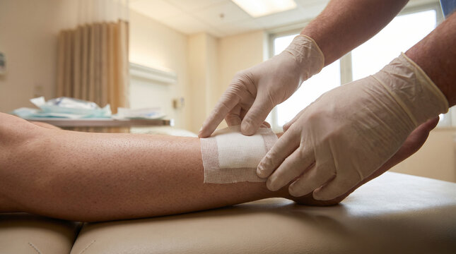 Medical professional applying gauze bandage to patient leg in clinic