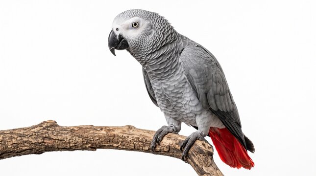 Smart African grey parrot gripping a textured wooden branch isolated against a pure white background in studio lighting.