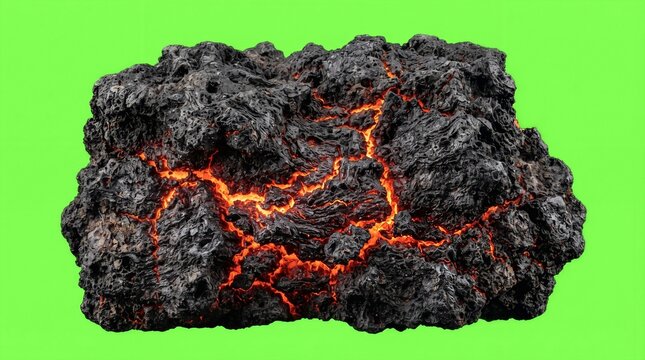 Volcanic magma lava crust rock with internal glowing red cracks isolated on green screen