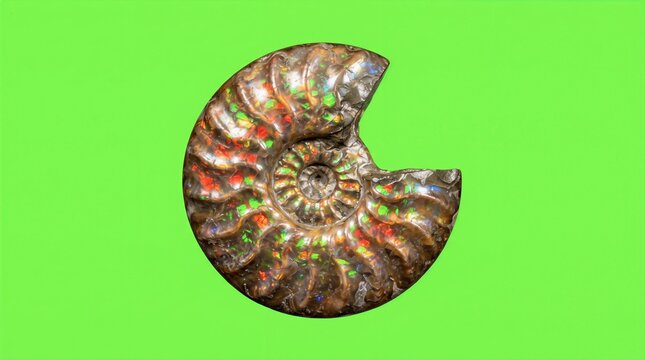 Precious iridescent opalized ammonite shell fossil isolated on green screen backdrop