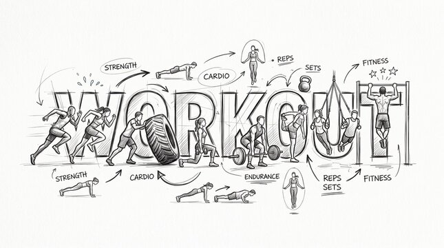 Hand-drawn workout typography with fitness sketches. Athletic exercise illustrations for gym training. Strength and cardio routine concept.