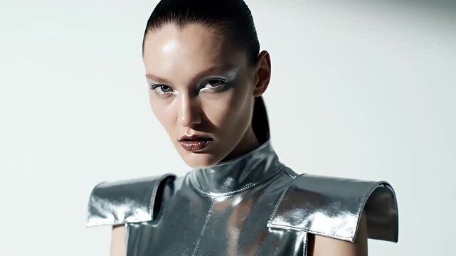 Futuristic fashion model wearing metallic silver outfit.