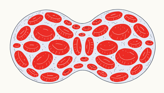 Abstract illustration of red blood cells in a fluid, with a science or medical theme.