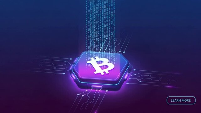 Bitcoin cryptocurrency symbol on a glowing digital chip with falling binary code, representing blockchain finance, digital assets, and decentralized technology