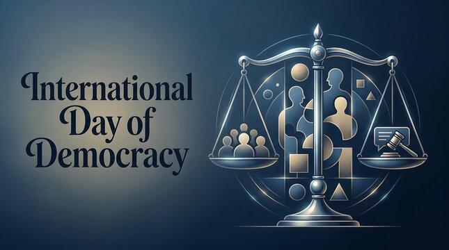International Day of Democracy Elegant Banner with Scales of Justice, People Silhouettes, and Gavel for Global Equality and Human Rights Concept.