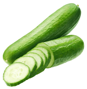 Whole and slices fresh green cucumber isolated