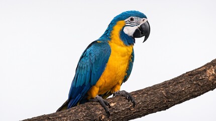 Beautiful exotic blue macaw gripping a curved wooden branch isolated against a pure white background in studio setting. © Blessing
