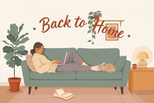 Cozy flat illustration of woman relaxing on green sofa, Back to Home text, warm living room interior with houseplants for lifestyle blog header