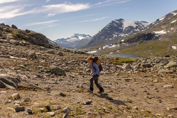 Fototapeta premium Beautiful european family with children and pet dog, hiking Kyrkja mountain on a beautiful sunny summer day, sunset, snow, lakes, valley