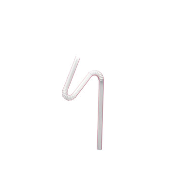 Single Flexible White Plastic Drinking Straw with Pink Stripe Isolated on White Background