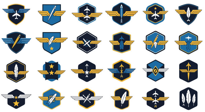 Set of Aviation Emblems: Jets, Rockets, Wings, Shields, Logos, Badges